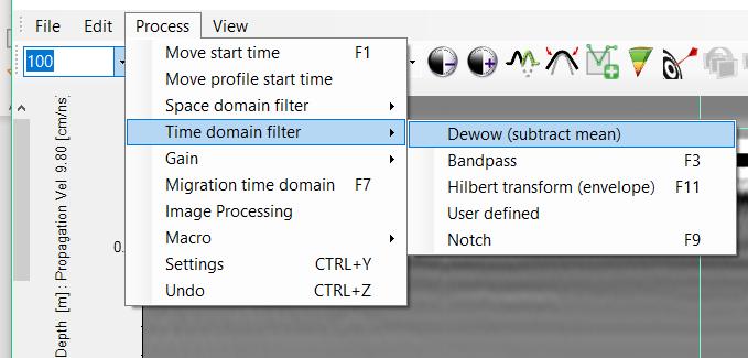 Tale comando può essere applicato andando nella barra degli strumenti, cliccando il comando Pocess, Time domain filter ed infine Dewow.