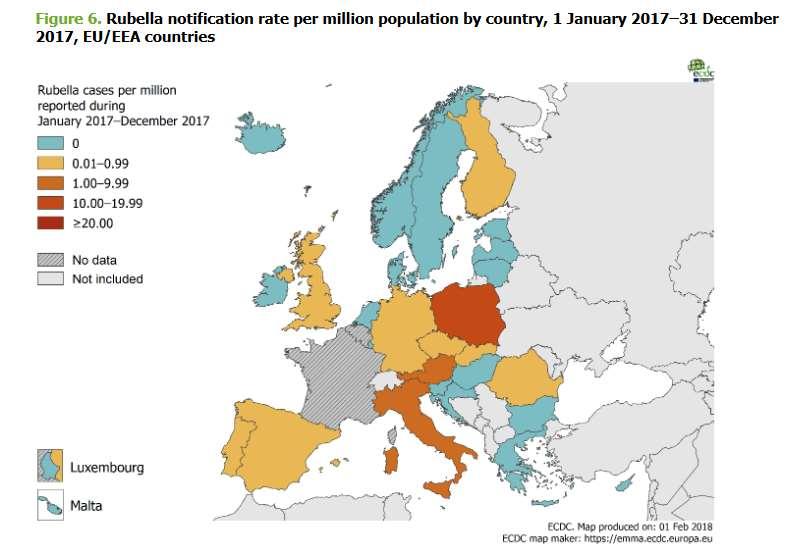 Rosolia in Europa, gennaio 2013-marzo 2018