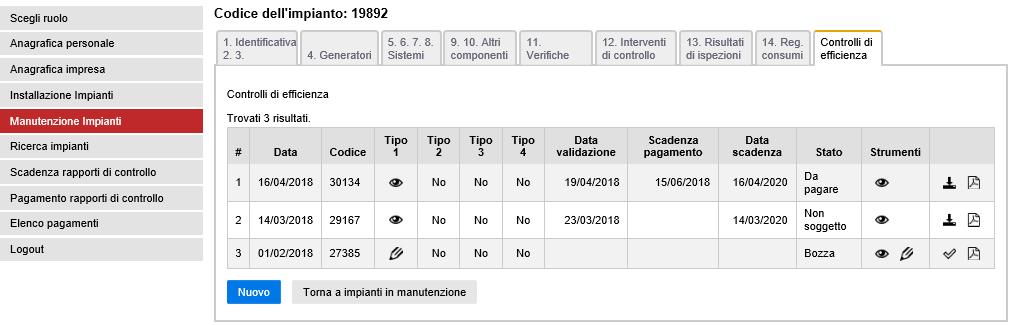 Modifiche su Sezione Controlli di efficienza Stato pagamento contributo Scadenza pagamento (60 gg dal