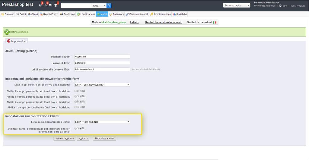 4Dem.it - Plugin di integrazione con prestashop 6 Liste Una volta collegato il plug-in al proprio account 4Dem.