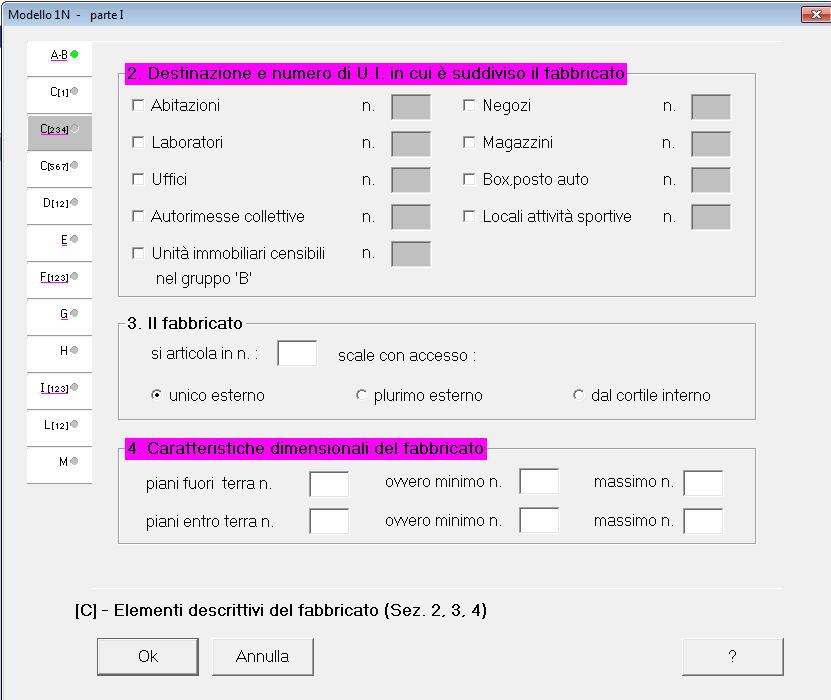 [C] - Elementi descrittivi del fabbricato (Sez. 2, 3, 4) Questo quadro è suddiviso nelle tre seguenti sezioni: 2. Destinazione e numero di U.I.
