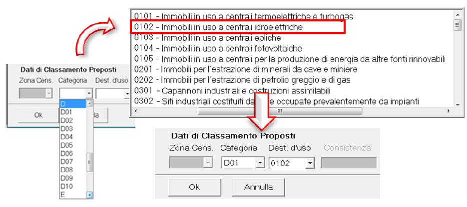 Categoria le voci D o E che identificano il corrispondente intero gruppo di categorie catastali di interesse.