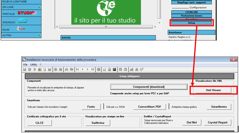 Esteso (parzialmente): Se non presente il visualizzatore, ne viene data segnalazione ed è possibile installarlo da videata principale, bottone Setup, tasto Xml Viewer 1.2.