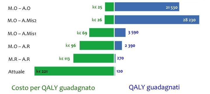 ABITAZIONI ESISTENTI POSSIBILI PROGRAMMI DI INTERVENTO (SCENARI) I risultati in termini di efficacia (QALY guadagnati) in blu a destra I risultati in termini di costo/efficacia (costo per QALY