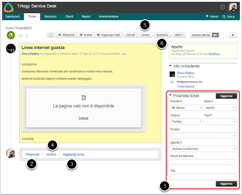 Selezionato il ticket l'agente potrà modificarne le proprietà (1) e rispondere alla segnalazione.