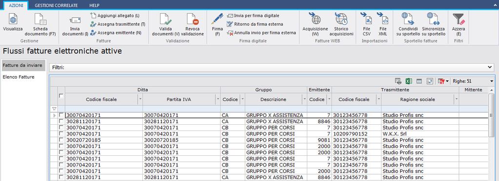 Gestione flussi fatture elettroniche attive Tramite il campo di selezione, è possibile selezionare più fatture