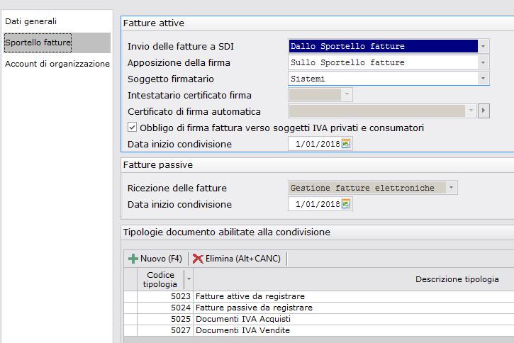 Configurazione Sportello Fatture: Organizzazioni/ditte In questa sezione definiamo le specificità relative all integrazione della ditta con Sportello Fatture Il campo è obbligatorio