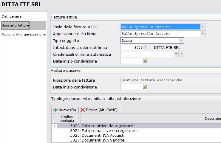 Configurazione Sportello Fatture: Organizzazioni/ditte Il campo è obbligatorio e deve essere indicata una data maggiore o uguale