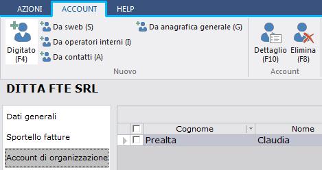 Configurazione Sportello Fatture: Organizzazioni/ditte Tramite la sezione «Account di organizzazione» andiamo a definire gli operatori della ditta che potranno accedere a Sportello