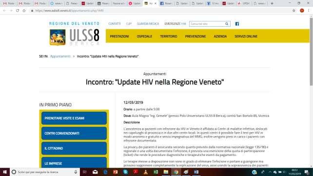 Aulss8.veneto.it (12 Marzo 2019) https://www.aulss8.veneto.it/appuntamento.php/1449 Appuntamenti Incontro: "Update HIV nella Regione Veneto" 12/03/2019 Orario: a partire dalle 9.