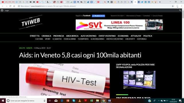 Tviweb.it (13 Marzo 2019) http://www.tviweb.it/aids-in-veneto-58-casi-ogni-100mila-abitanti/ SALUTE SANITÀ 13 Marzo 2019-10.