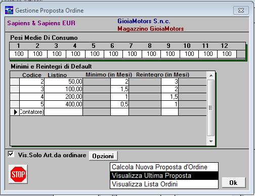 Se vengono impostati sull anagrafica articolo il minimo e reintegro forzati, vengono assunti questi ultimi per la proposta ordine.