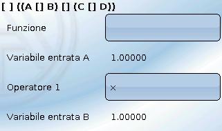 Memoria giorno di riferimento Visualizzazione display L'operazione di calcolo si basa sulla successiva formula: Funzione (( A Operatore 1 B) Operatore 2 (C Operatore 3 D)) Il primo campo "Funzione"