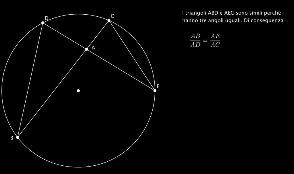 9 13. (Teorema delle due corde) Indicato con A il punto intersezione delle corde BC e DE risulta: AB : AD = AE : AC. Dimostrazione.