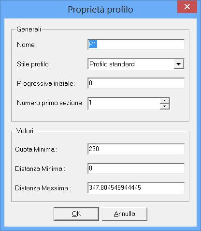 Paragrafo VIII Proprietà profilo/sezione Con questo comando è possibile modificare le proprietà di un una strada o di una sua sezione: il nome; lo stile; la quota di riferimento (o quota minima)