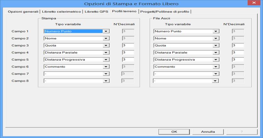 Tabulato del profilo terreno: Tale procedura consente di produrre su file un tabulato relativo al profilo tenendo conto delle impostazioni salvate tramite la procedura Opzioni Opzioni di stampa.