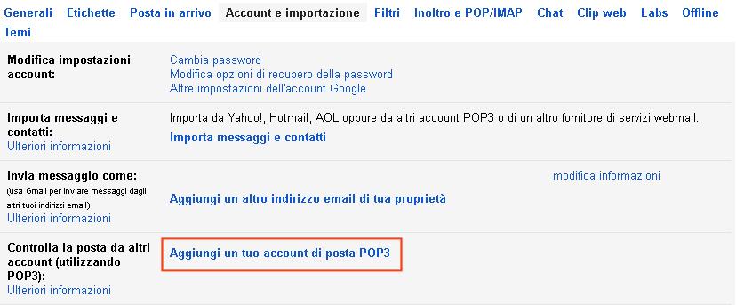 3. Clicca su Aggiungi un tuo account di posta POP3 4.