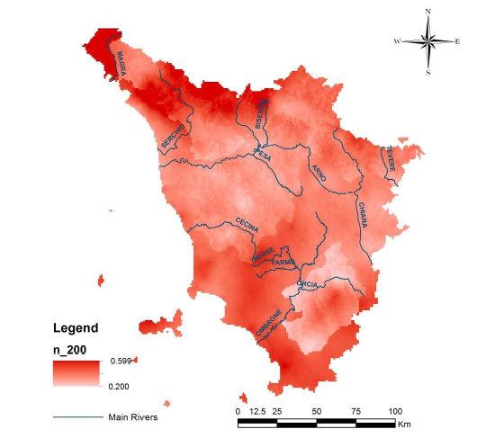 Per la previsione quantitativa delle piogge estreme è stato fatto riferimento al recente studio della Regione Toscana sull'analisi di Frequenza Regionale delle Precipitazioni Estreme.