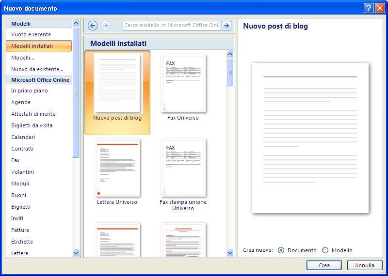 3.1.1.2. Creare un nuovo documento basato sul modello predefinito, altri modelli del programma, quali: memo, fax, agenda.