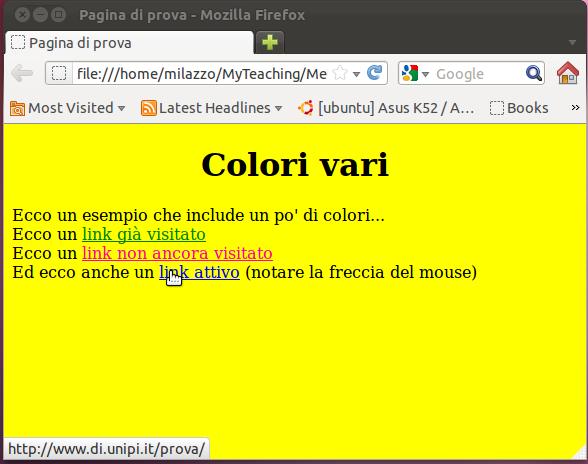 Le varie impostazioni di colori Ovviamente, i vari attributi del tag <body> possono essere usati insieme <body bgcolor =" yellow " text =" black