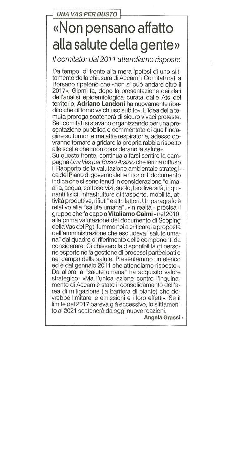 Una VAS per Busto "NON PENSANO AFFATTO ALLA SALUTE DELLA GENTE" Il comitato: dal 2011 attendiamo risposte