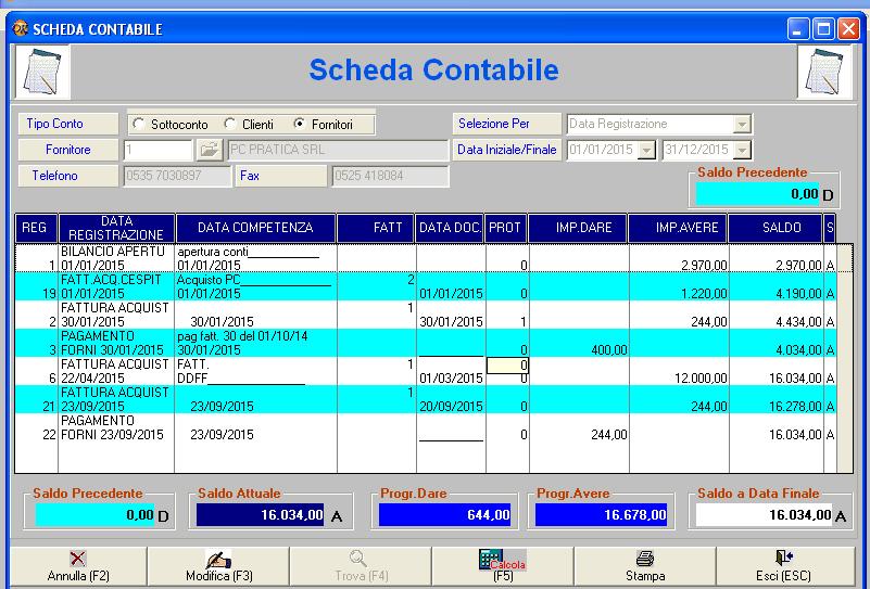 Visualizza Partitari (schede contabili) (Menu Contabilità -> Gestione Partitari -> Visualizza Partitari).