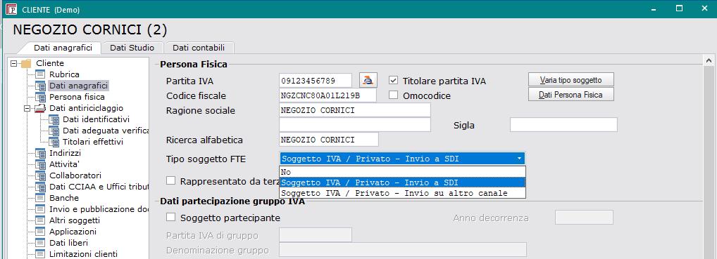 IMPOSTAZIONE ANAGRAFICA CLIENTE 1) Posizionarsi nel menu Gestione dello Studio Anagrafiche