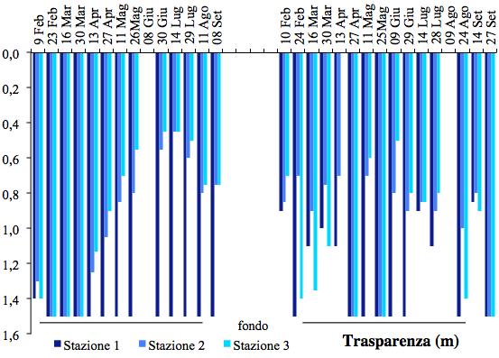 maggiori disponibilità si sono avute generalmente nella stazione 3, testimoniata da valori medi lagunari per l intero periodo di monitoraggio progressivamente in aumento dalla stazione 1 (2,74 meq l