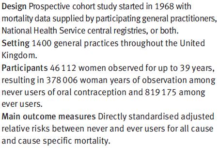 SICUREZZA Conclusioni: la contraccezione orale non è risultata associata con un aumentato rischio di morte a lungo termine in questa larga casistica inglese; invece, era evidente un netto beneficio.