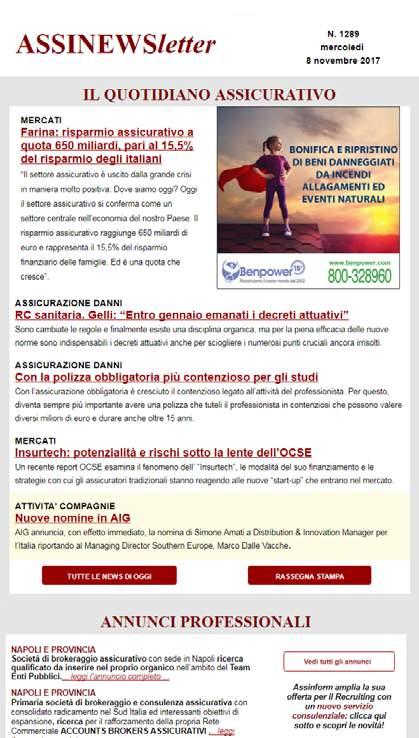 La Newsletter quotidiana ASSINEWSletter La newsletter quotidiana, dal lunedì al venerdì Medium Banner I contenuti News: I principali articoli del giorno tratti dalla stampa e dalla nostra redazione