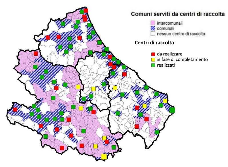 Figura 4: Distribuzione territoriale dei centri di raccolta in regione Fonte: PG Proposta di Piano La distribuzione geografica dei centri di raccolta nella regione vede una maggiore presenza di CD