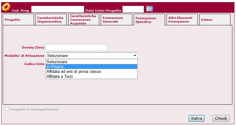 3.1.5 Scheda Formazione Specifica La scheda relativa alla Formazione Specifica consente di identificare nei seguenti campi, il dettaglio dell attività formativa specifica prevista per i volontari.