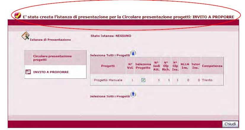 Per creare l istanza l Ente seleziona la circolare (che si evidenzia in bianco) tra quelle disponibili nell elenco delle circolari e, nell altro elenco, seleziona i vari progetti che dispongono dei