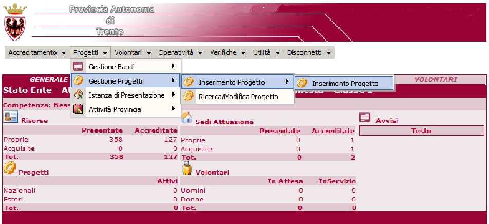 3. Gestione dei Progetti La maschera di Inserimento di un Nuovo Progetto contiene tutte le informazioni necessarie alla presentazione di un Nuovo Progetto da parte di un Ente.