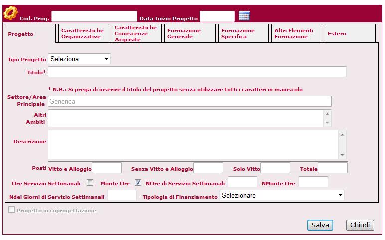 Le schede contenute nella maschera dei Progetti sono: - Progetto: consente di indicare una serie di informazioni generali del Progetto (Titolo, Descrizione, Ore,ecc.