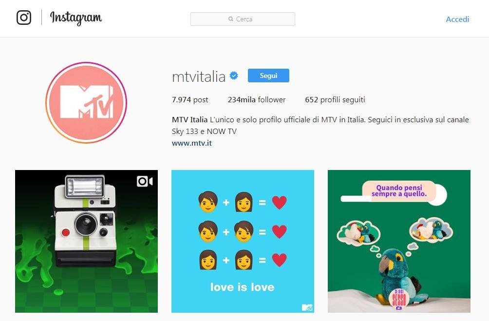 con un profilo di grande appeal per gli Advertiser MTV Italia 234k follower Instagram 71%