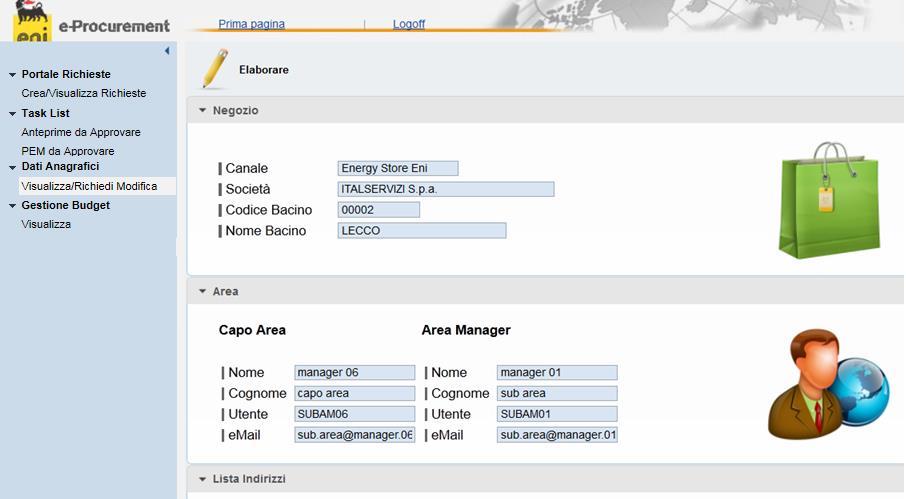 Visualizza / modifica anagrafica Il richiedente può gestire l anagrafica dell Energy Store Eni / Agenzia di cui è referente cliccando dal menù Dati Anagrafici > Visualizza / Richiedi Modifica.