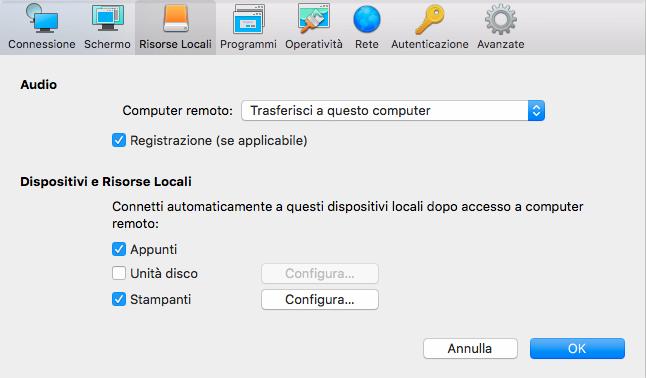 Selezionare la scheda Risorse locali. Cliccare si Configura vicino a Stampanti.