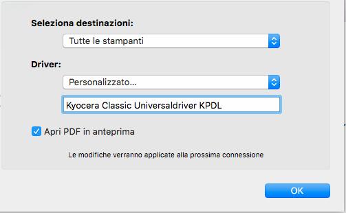 Selezionare Personalizzato e quindi scrivere il driver installato nel server, esattamente con la stessa formattazione.