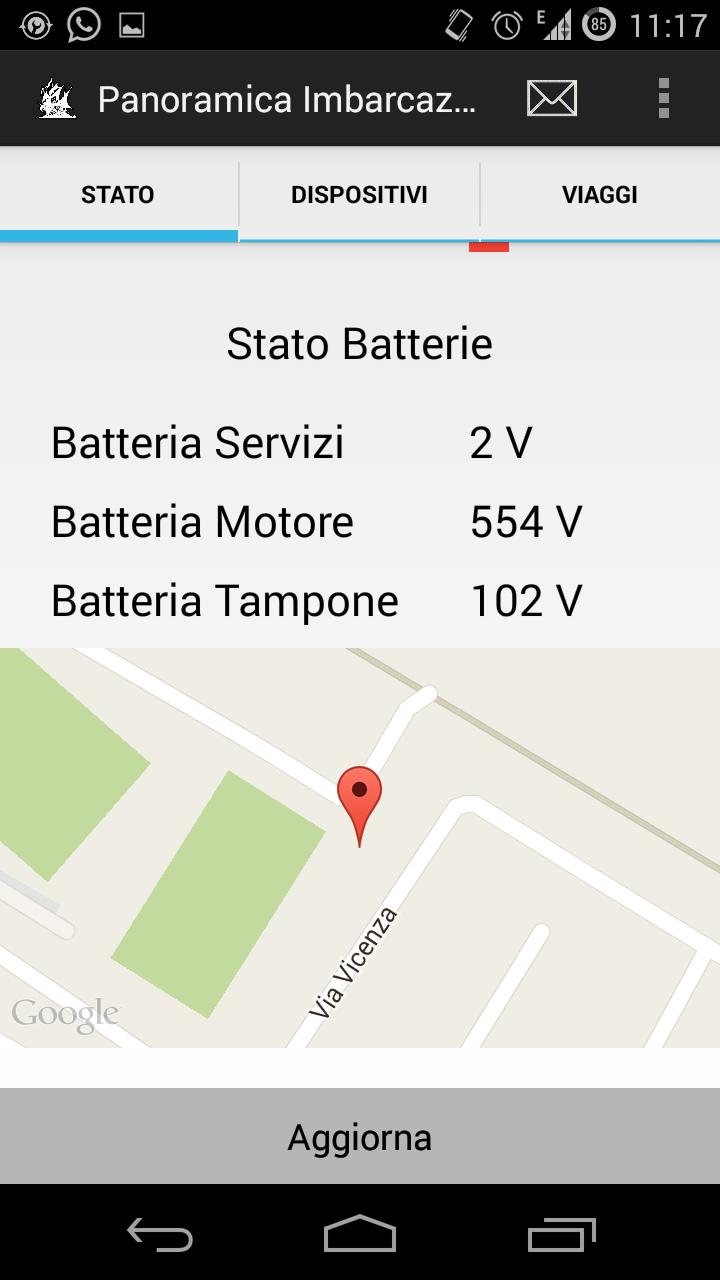 altrimenti rosso in caso di problema. Listing 57: StatoActivity, gestione colore allarmi 1 if((databasestatonatante.readstatonatante(1).getacqua()).equals("0")) 2 { 3 buttonacqua.