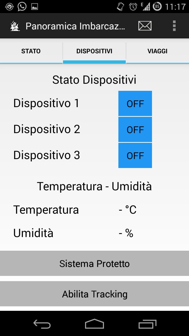 4.5 DispositiviActivity, la gestione da remoto La seconda activity contenuta nelle tab è DispositiviActivity: questa interfaccia è dedicata al controllo di tre contatti a bordo dell imbarcazione, al