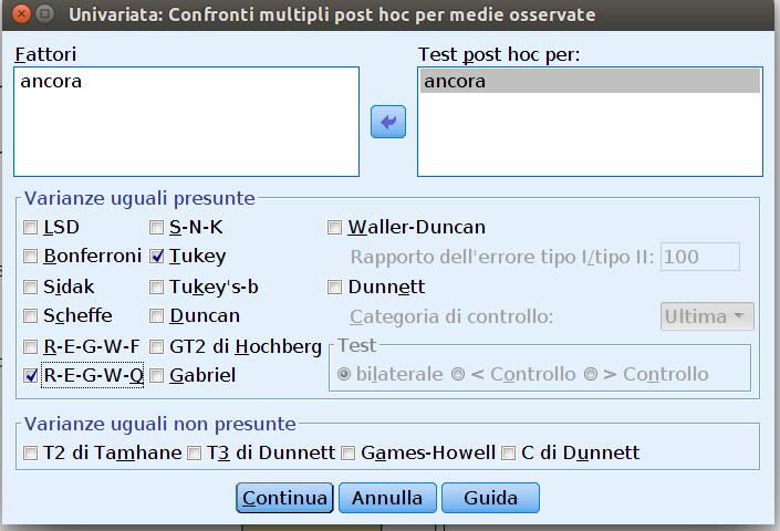 Confronti Post-Hoc: SPSS Esistono decine di confronti post-hoc!