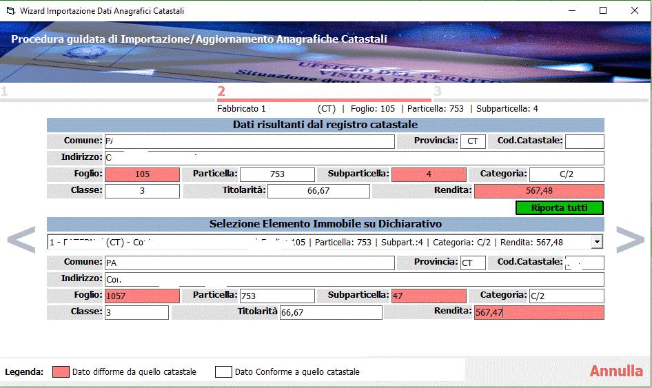 Se l utente va in immissione di un nuovo elemento, il programma automaticamente proporrà, nei campi sottostanti la combo, gli stessi valori provenienti dal Catasto.