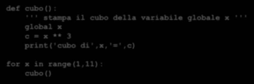 python variabili globali def cubo(): ''' stampa il cubo della variabile globale
