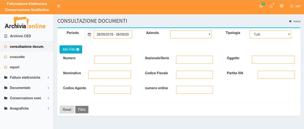 filtrare i documenti (per periodo, azienda, tipi di documento, etc.