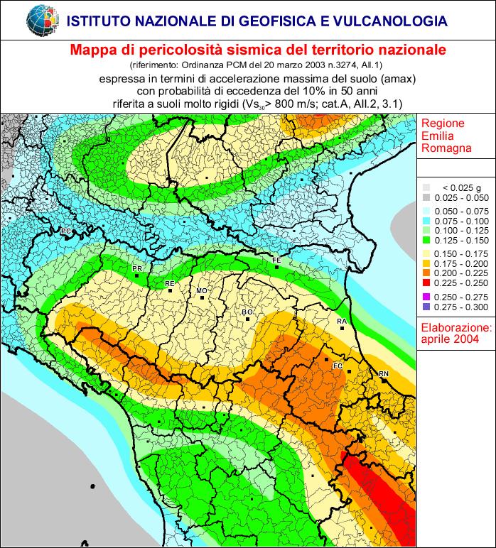 Fig. 7 - Mappa di pericolosità sismica del territorio nazionale (INGV). Dettaglio per la Regione Emilia-Romagna.
