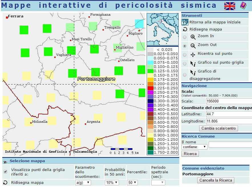 Fig. 8 Stralcio della Mappa di pericolosità sismica del Comune di Argenta espressa in termini di a(g) per un Tempo di ritorno di 475 anni La consultazione del Catalogo Parametrico dei Terremoti