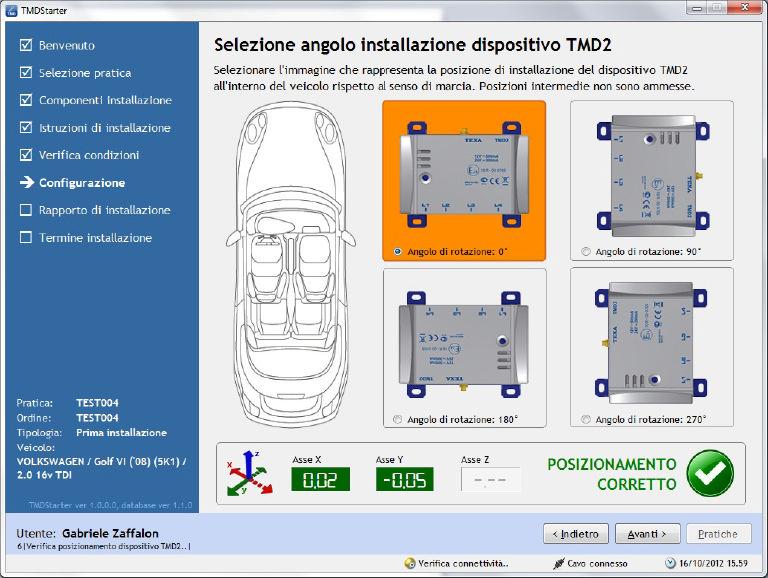 Selezionare l'angolo di installazione del TMD2.