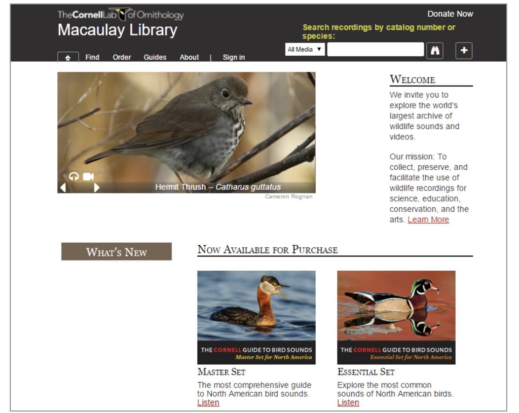 Macaulay Library Si tratta del primo e del più vasto archivio scientifico al mondo di registrazioni audio e video della biodiversità, provenienti sia da professionisti che da appassionati, utile per