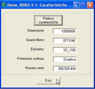 grifo ITALIAN TECHNOLOGY FIGURA 49: ACQUISIZIONE CARATTERISTICHE DISCO CON DEMO_SDI02 C6) Effettuare la formattazione della scheda di memoria appena controllata, tramite l'opzione Disco SDI 02